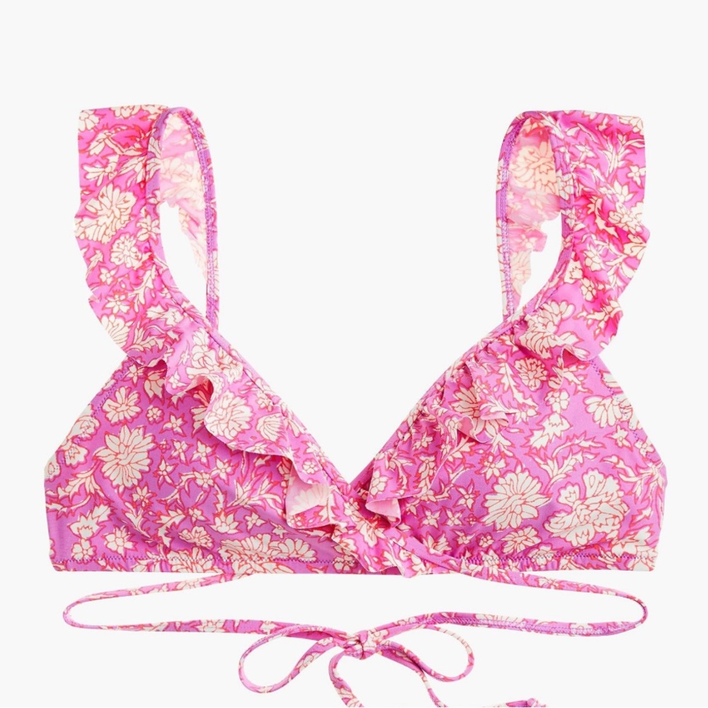 🌷J. CREW🌷- Ruffle Wrap Bikini Pink/Purple Floral (2 pcs) Size Large - Picture 3 of 12